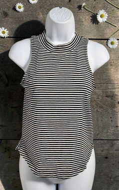 Madewell Sleeveless Top Sz XXS Black White Striped Tee Mock Neck Blouse Shirt